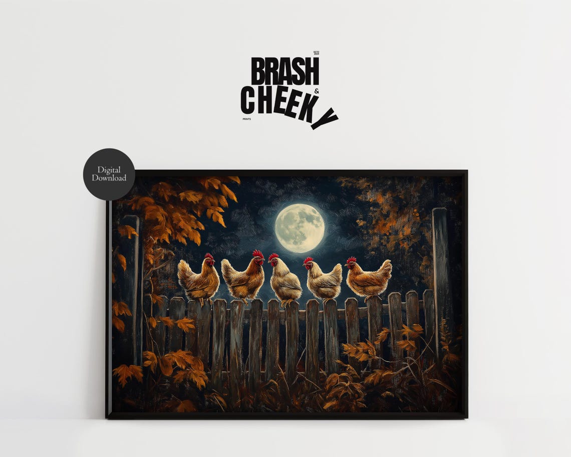 Moonlit Hens On Fence At Night Full Moon Fall Farm Art Poster
