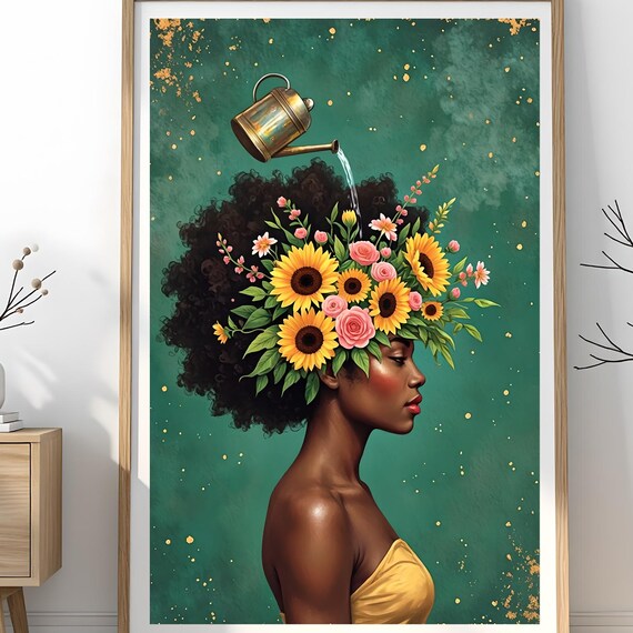 Floral Afro Woman Sunflowers Watering Can Self Love Art Poster