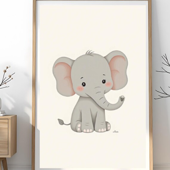 Cute Baby Elephant Cartoon Poster on Warm Cream Nursery Background