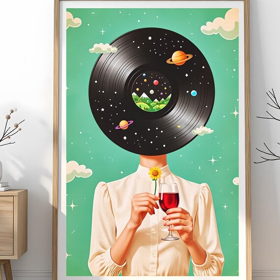 Surreal Vinyl Record Head Woman Wine Cosmic Music Lover Poster