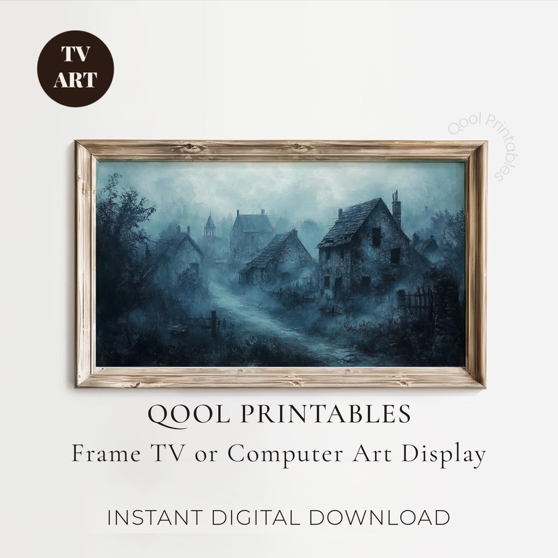 Foggy Haunted Village Blue Night Gothic Oil Painting Wall Art Decor