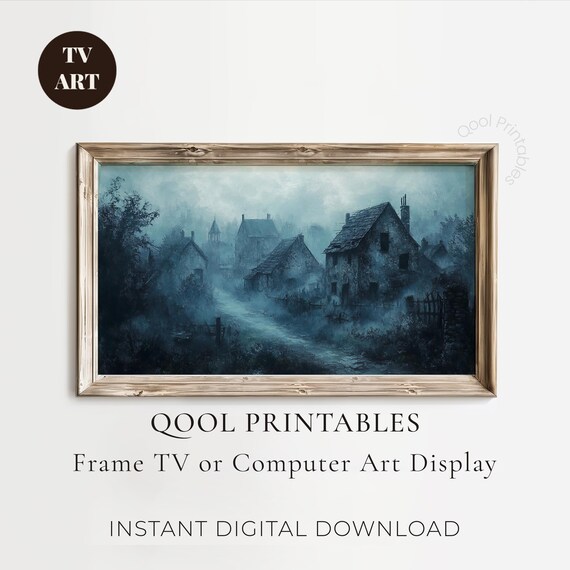Foggy Haunted Village Blue Night Gothic Oil Painting Wall Art Decor