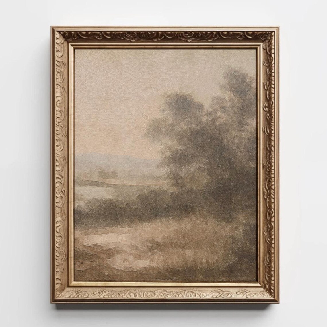 Beige Neutral Abstract Landscape Wall Art Foggy Trees Minimalist Calm