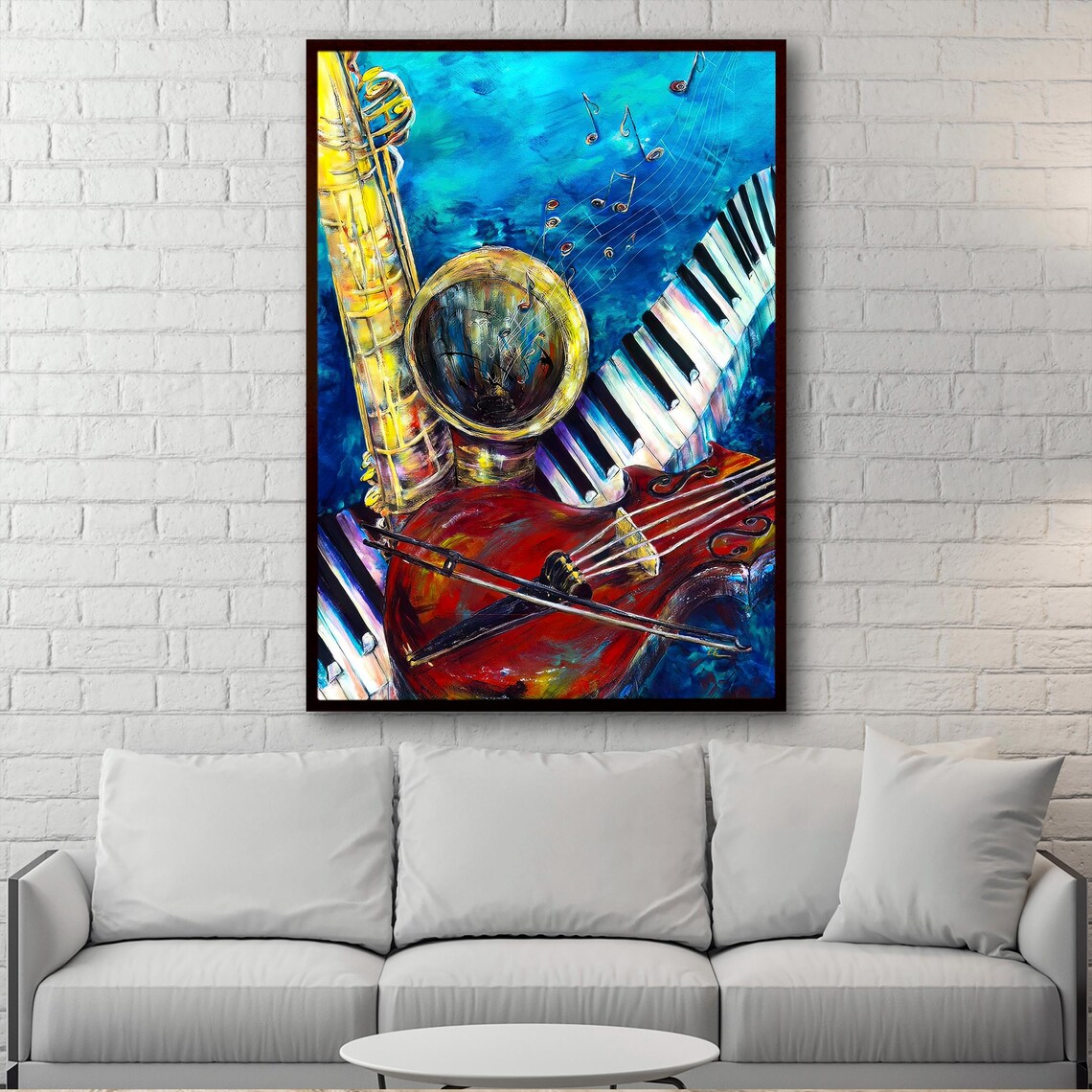 Colorful Saxophone Violin and Piano Musical Instruments Oil Painting Art Poster - Image 2