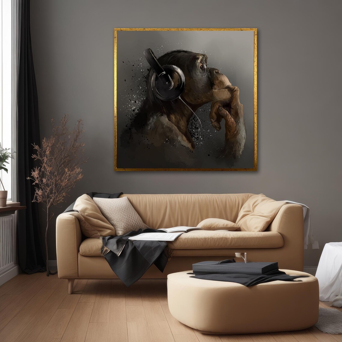 Chimpanzee Wearing Headphones Thoughtful Splash Paint Animal Poster - Image 2