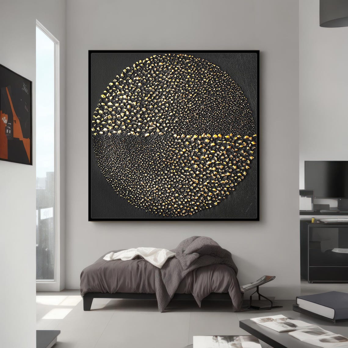 Gold Dot Circle Abstract Black Background Modern Textured Poster - Image 3