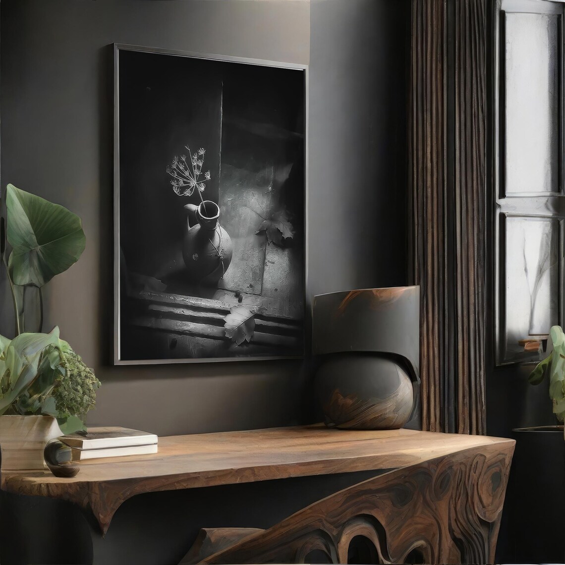 Black and White Still Life Vase With Dried Flower Minimalist Art Print - Image 4