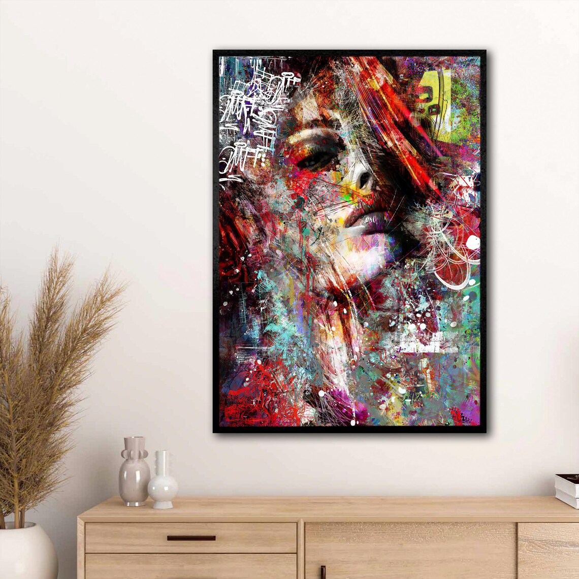 Abstract Woman Face in Colorful Graffiti Splashes Modern Art Poster - Image 3