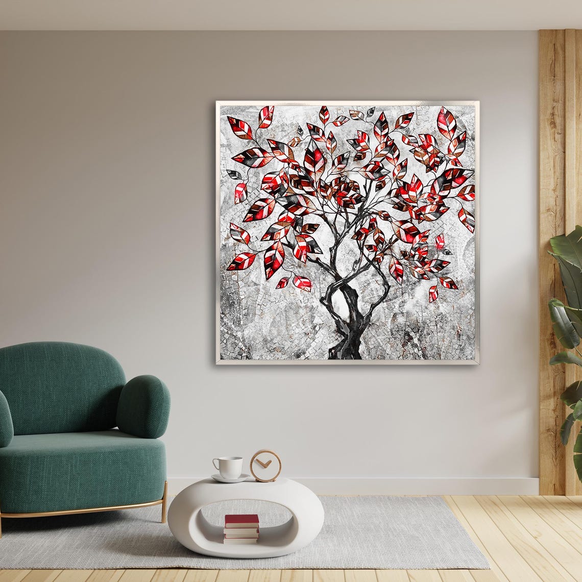 Red Leaves Tree Textured Background Modern Botanical Art Poster - Image 2