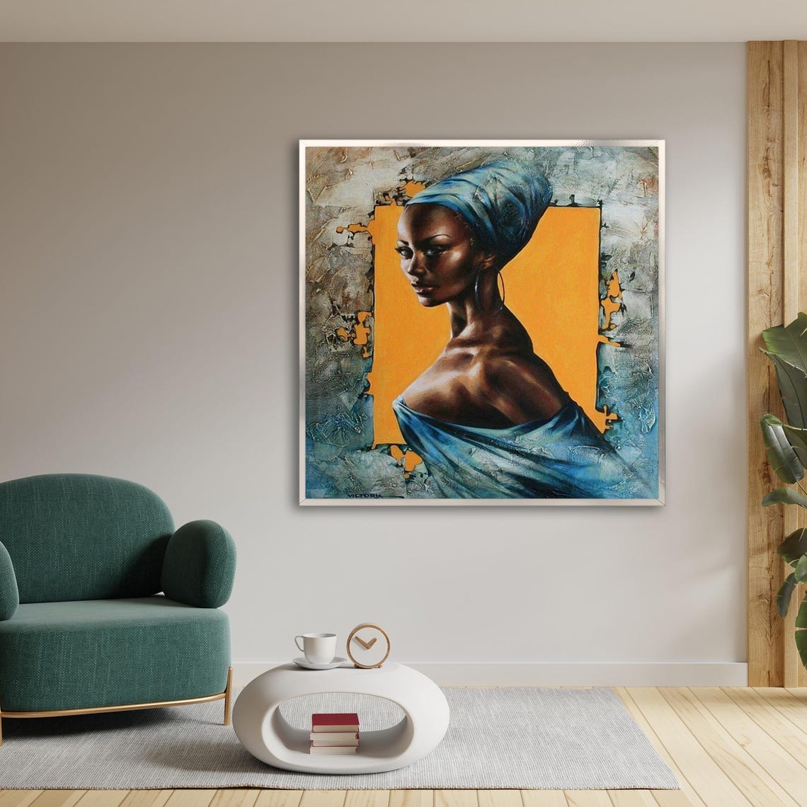 African Woman Blue Headwrap Portrait Warm Orange Elegant Poster - Image 2