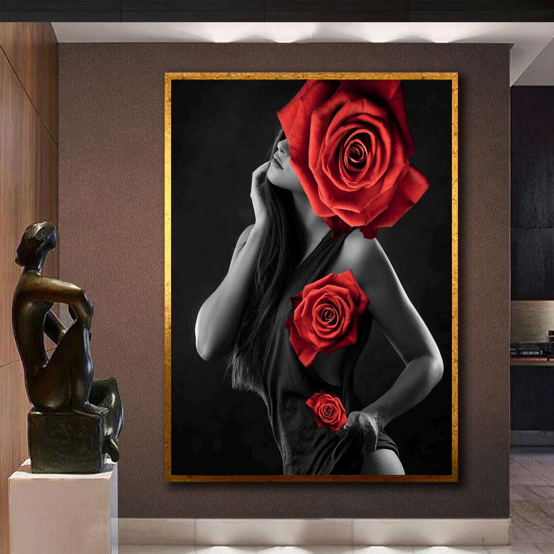 Woman With Giant Red Roses Black and White Fashion Art Photo Poster - Image 3