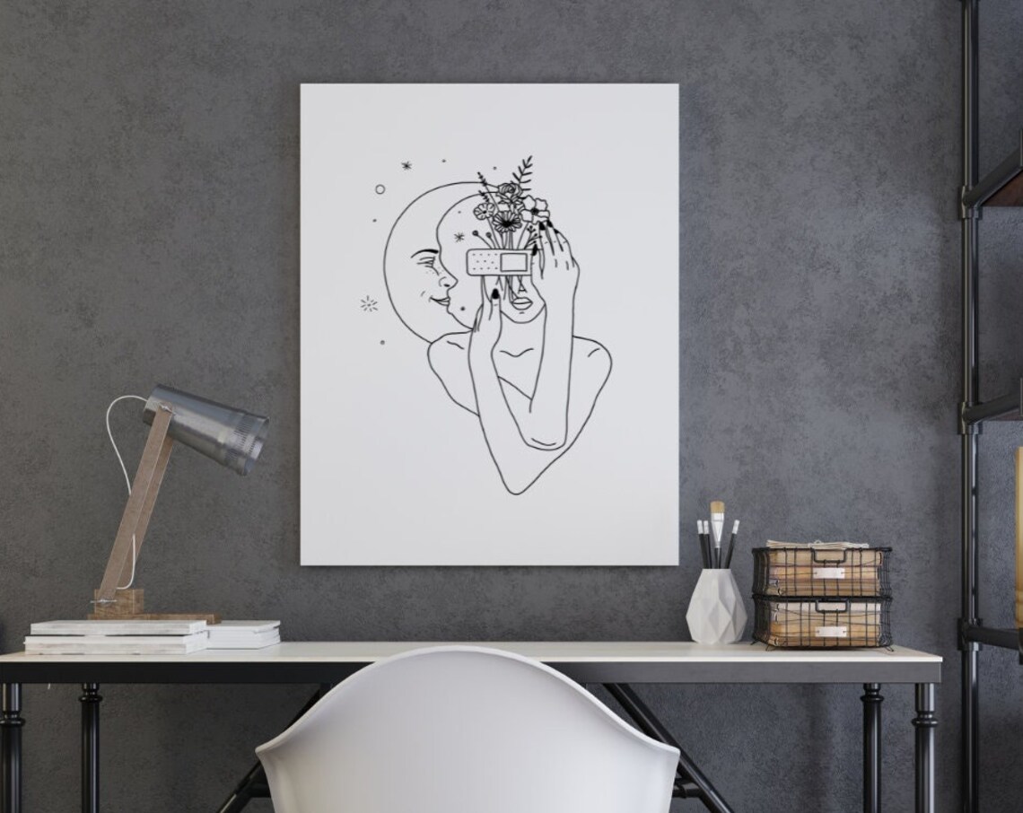 Sleepy Mind Moon Kiss Dreamy Band Aid Flower Line Art Poster