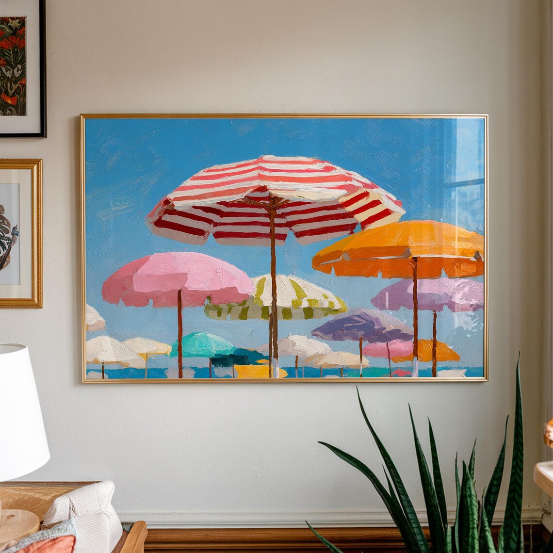 Vintage Beach Umbrella Art Print, Mediterranean Summer Decor
