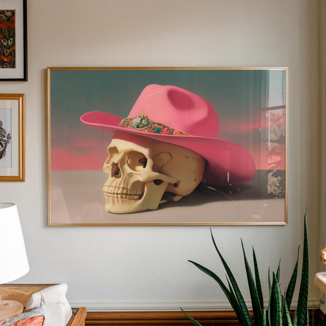 Pink Cowboy Hat Skull Art Print Western Gothic Surreal Decor