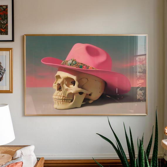 Pink Cowboy Hat Skull Print Western Gothic Cowgirl Art