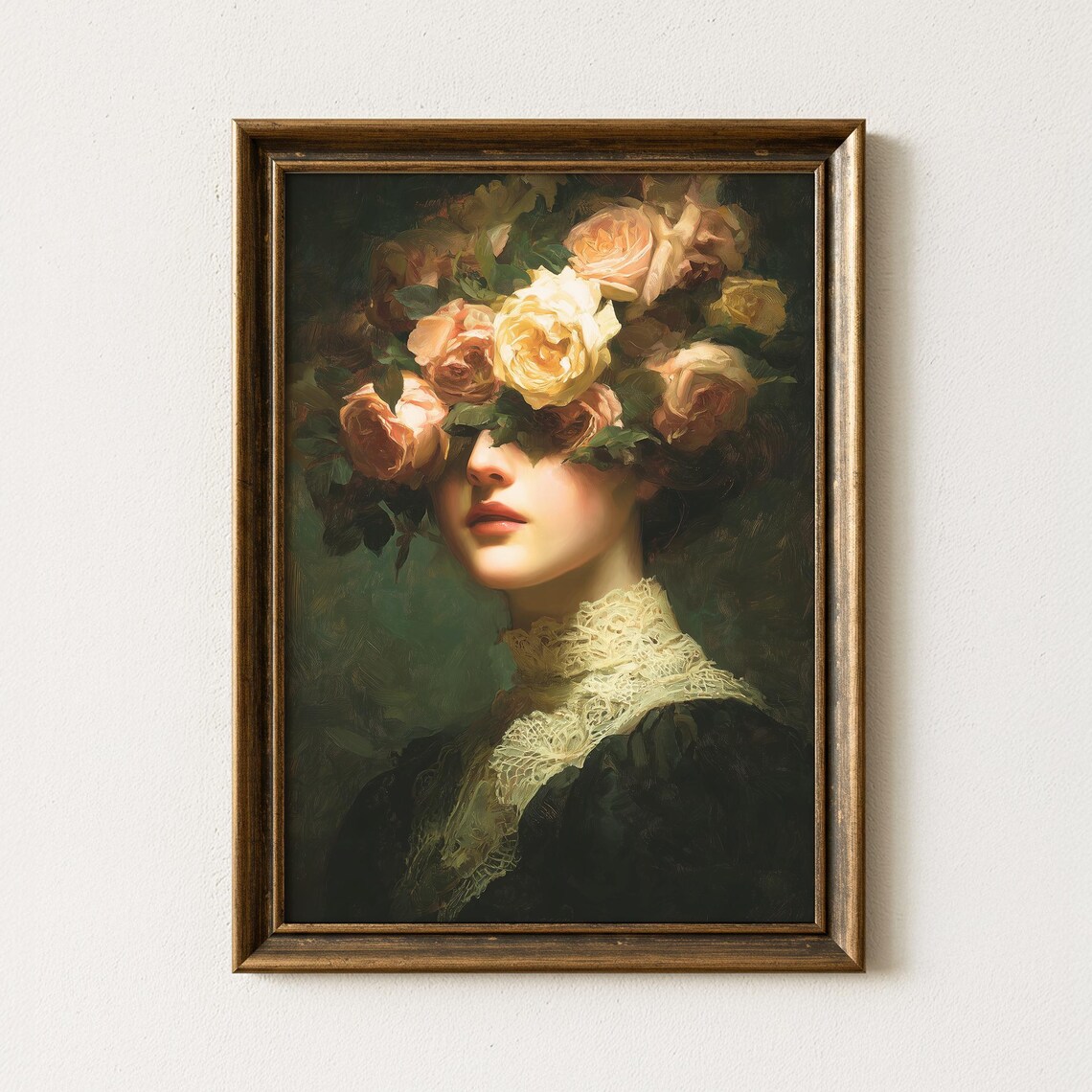 Woman With Roses Obscuring Her Face Dark Academia Portrait Poster