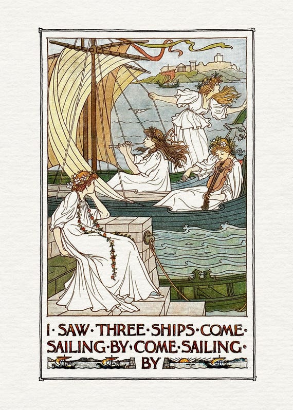 Vintage Nursery Rhyme Art Wall Mother Goose Illustration Storybook I Saw A Ship