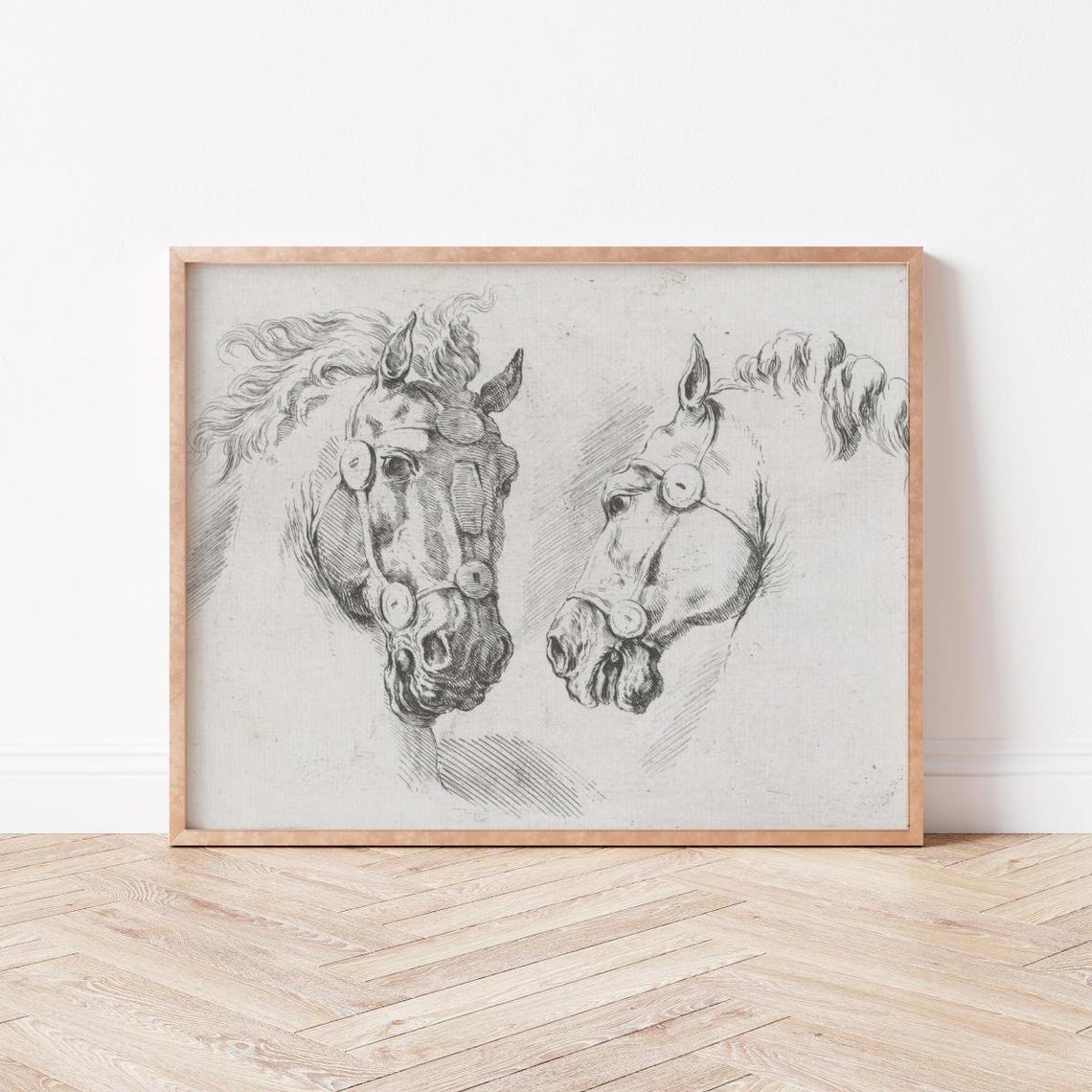 Two Horse Heads Facing Etching Vintage Equestrian Sketch Wall Art