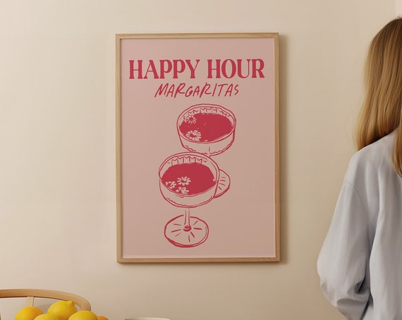 Happy Hour Margaritas Pink Bar Wall Decor Feminine Bar Cart Art Poster Trendy Drinks Wall Art Cocktails Art Print 0555