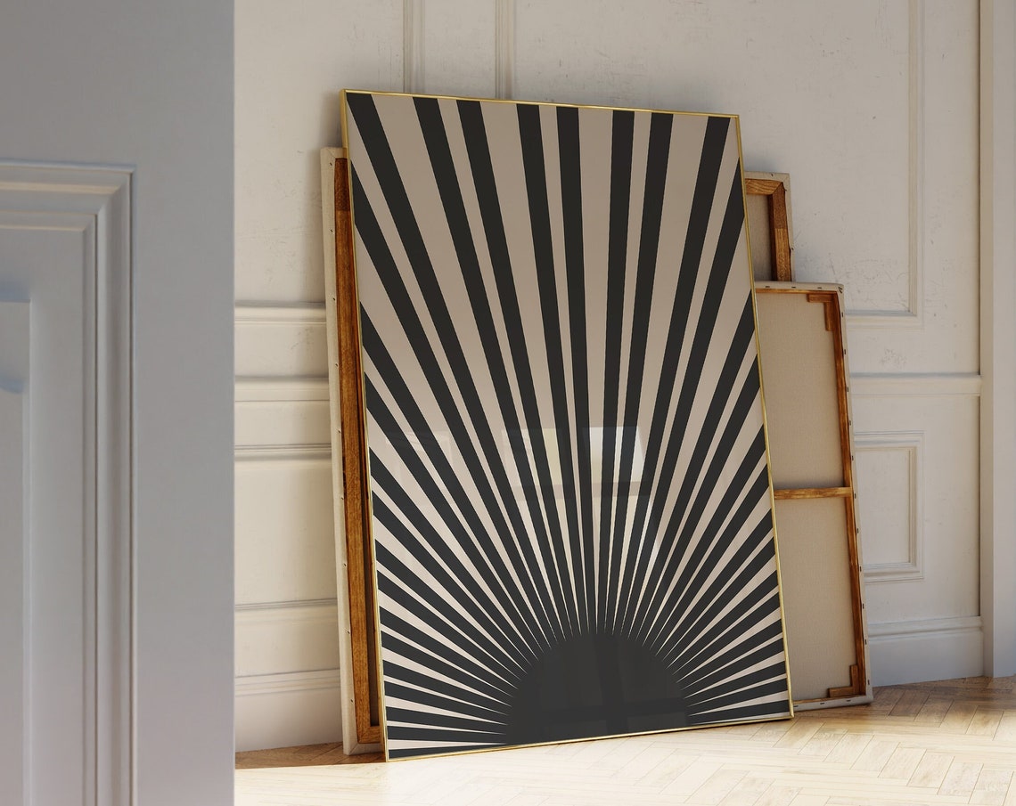 Black Beige Sunburst Rays Mid Century Modern Minimalist Sun Poster