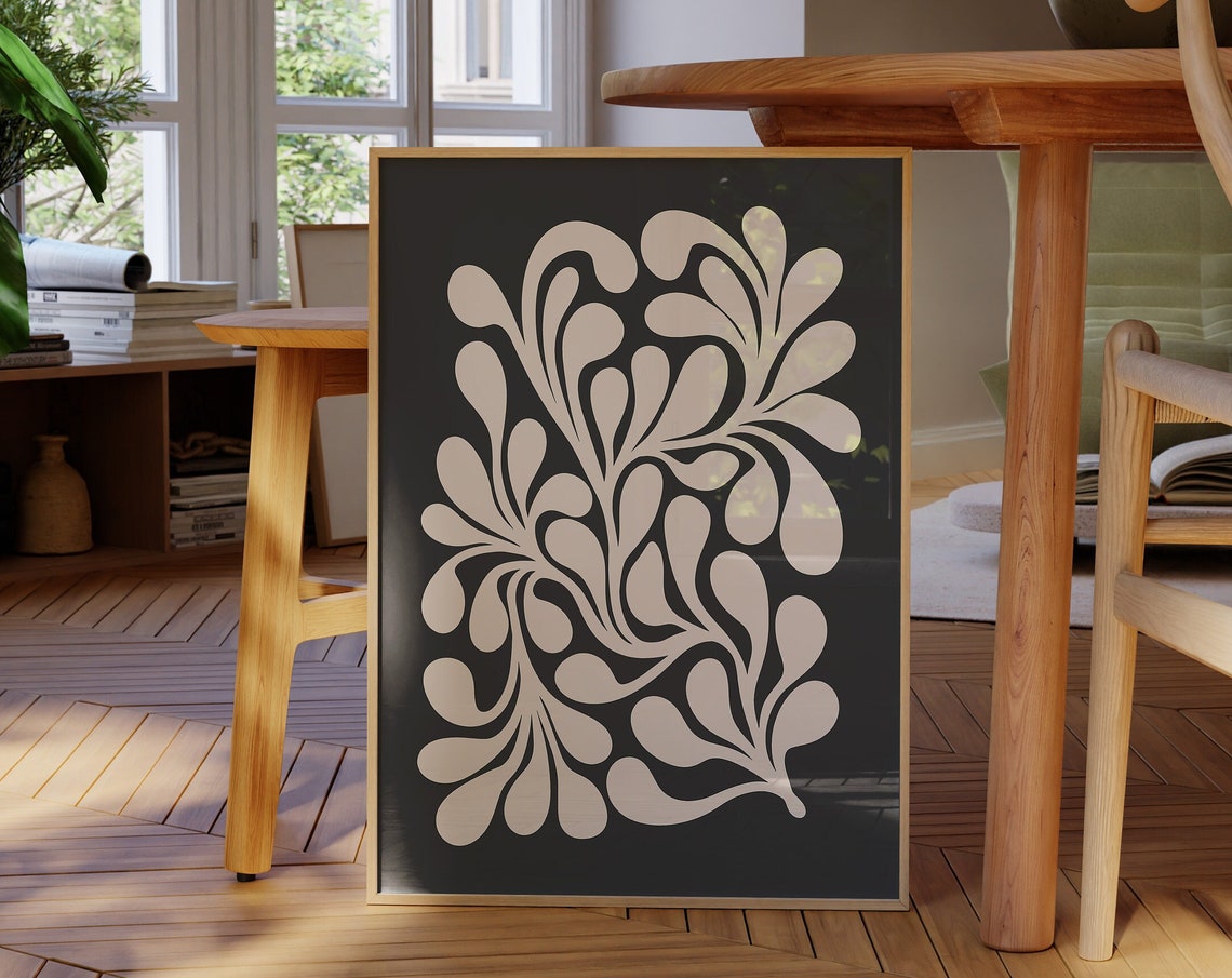 Abstract Dark Botanical Poster with Cream Leaves on Black Background