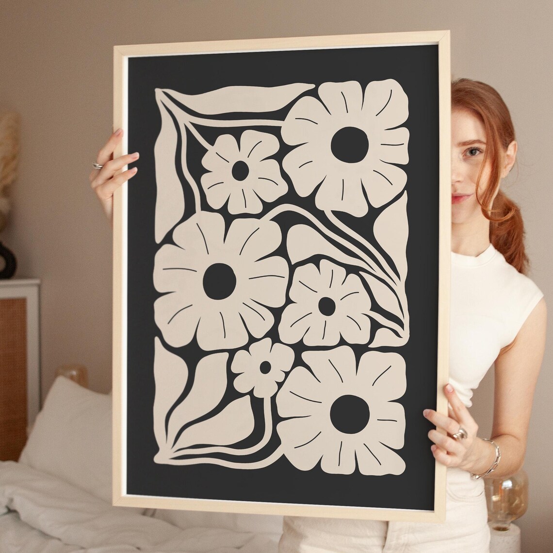 Cream Daisies on Black Bold Floral Graphic Modern Art Poster