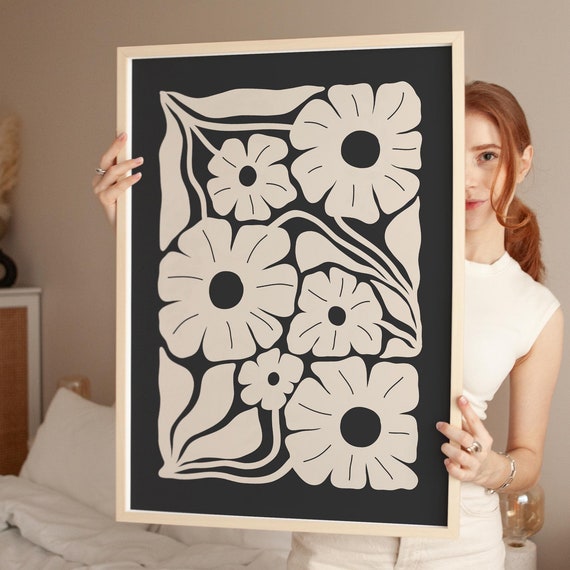 Moody Aesthetic Florals Wall Decor Dark Floral Design In Beige And Black For Mid Century Modern Decor 0509