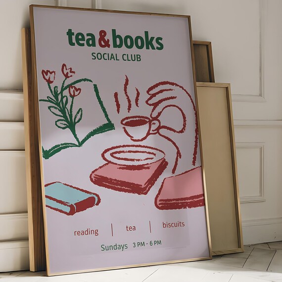 Tea Books Wall Art Book Wall Art Reading Wall Art Retro Literary Art Print Gift For Readers Hand Drawn Illustration