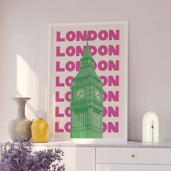 London Travel Print Art Pink Green London England Big Ben Travel Exhibition Print Cute Trendy Wall Art