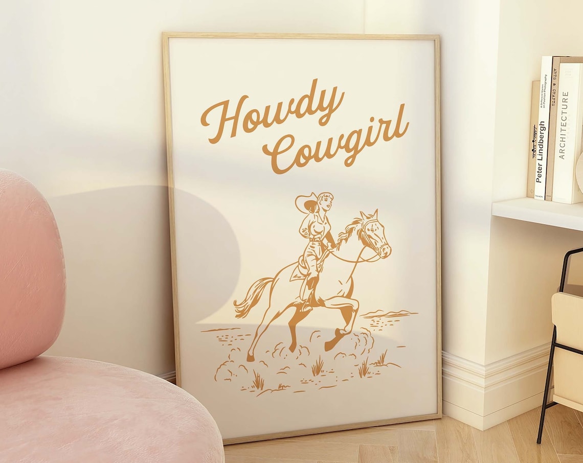 Howdy Cowgirl Tan Horseback Rider Retro Western Style Wall Art
