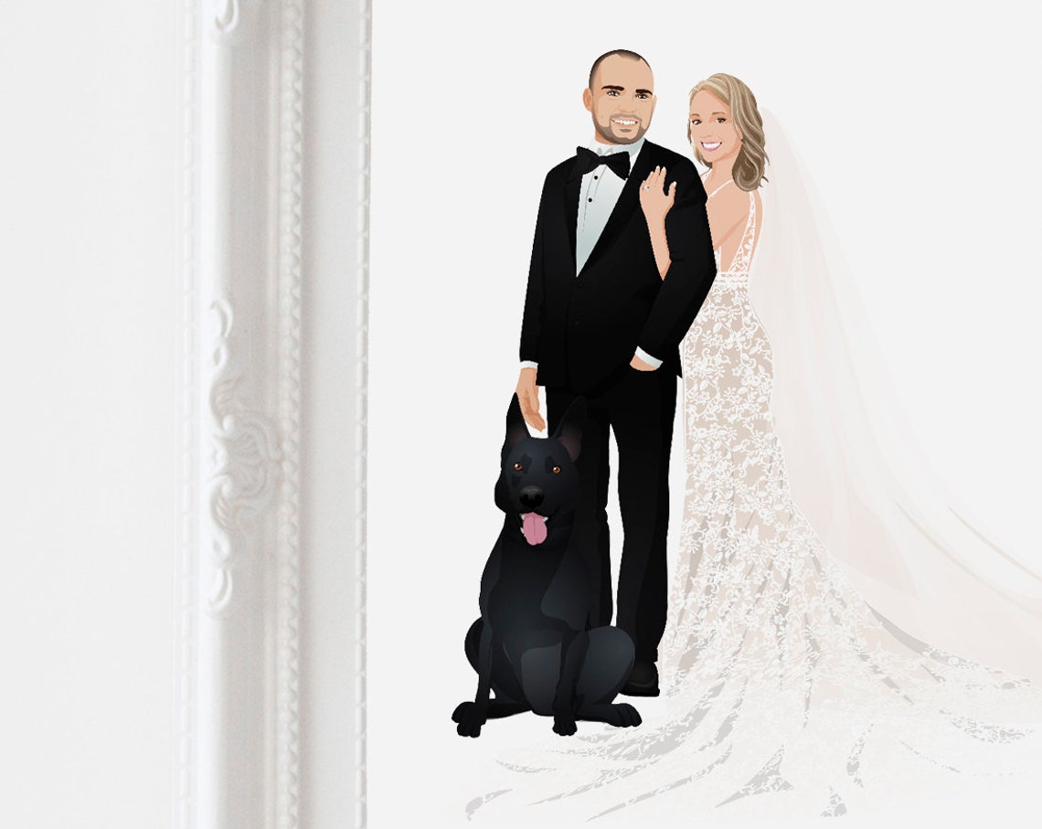 Custom Wedding Couple Portrait with Black Dog Anniversary Wall Art