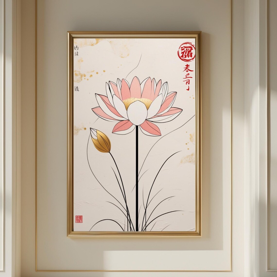 Pink Lotus Japanese Ink Painting Delicate Floral Art Style Poster