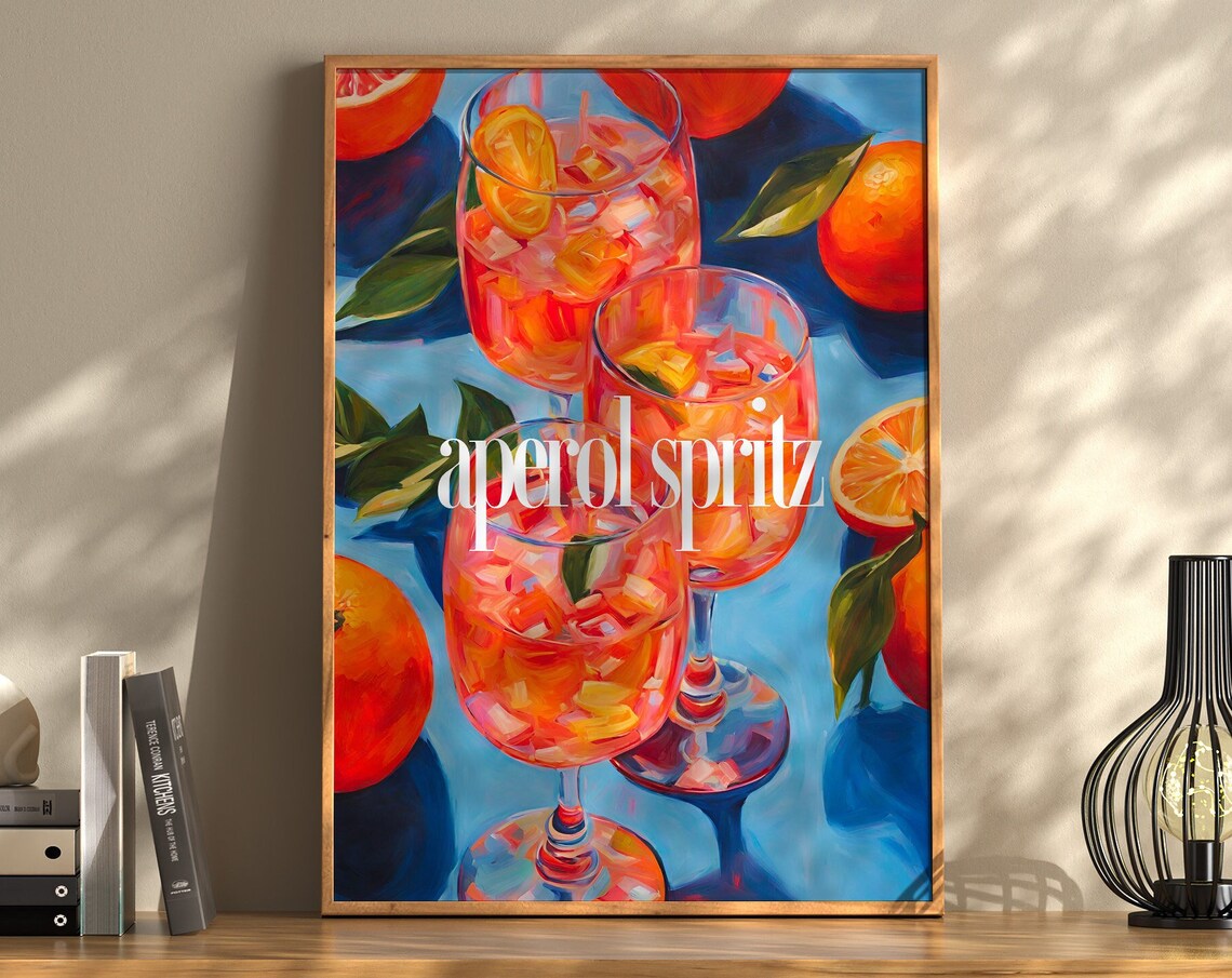 Aperol Spritz Cocktail Painting Orange Blue Bar Cart Art Poster