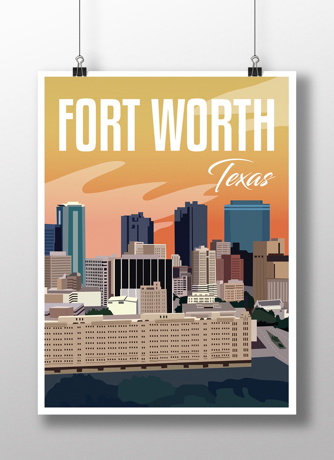 Fort Worth Texas Sunset City Skyline Downtown Modern Travel Poster