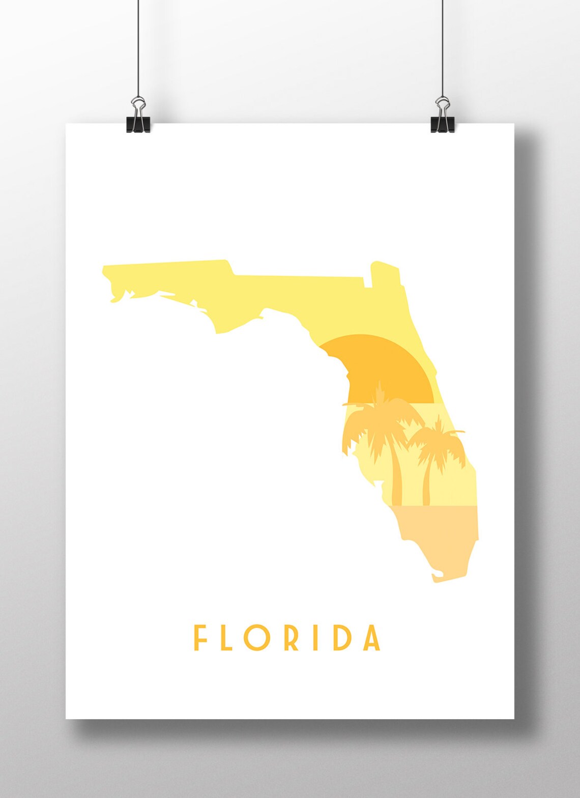 Florida Minimalist State Silhouette Yellow Sun Palm Trees Decor Poster