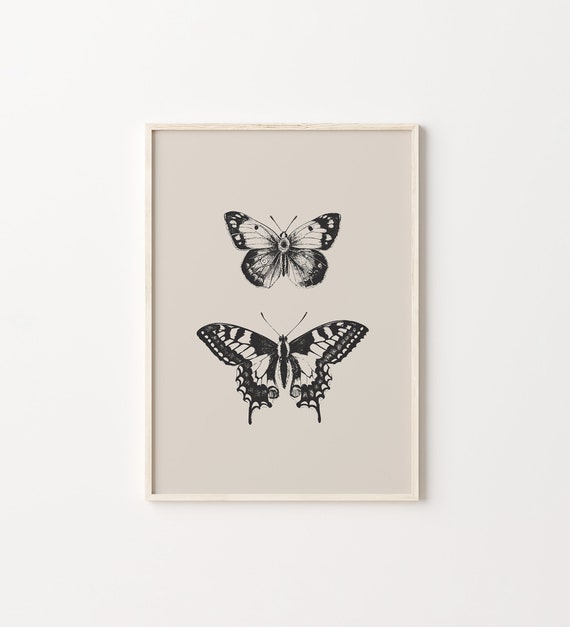 Butterflies Print Art Vintage Butterfly Wall Art Beige And Black Butterfly Poster