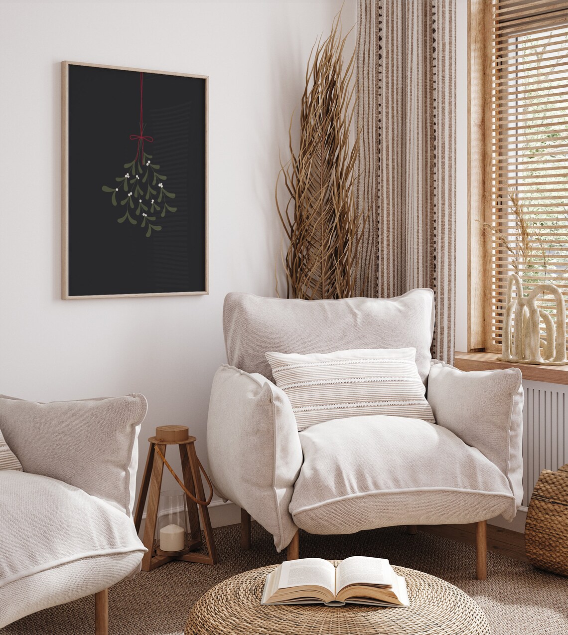 Hanging Mistletoe Red Bow Minimalist Black Christmas Holiday Wall Art - Image 2
