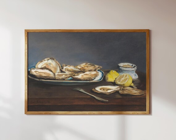 Fresh Oysters With Lemon Vintage Still Life Kitchen Wall Print