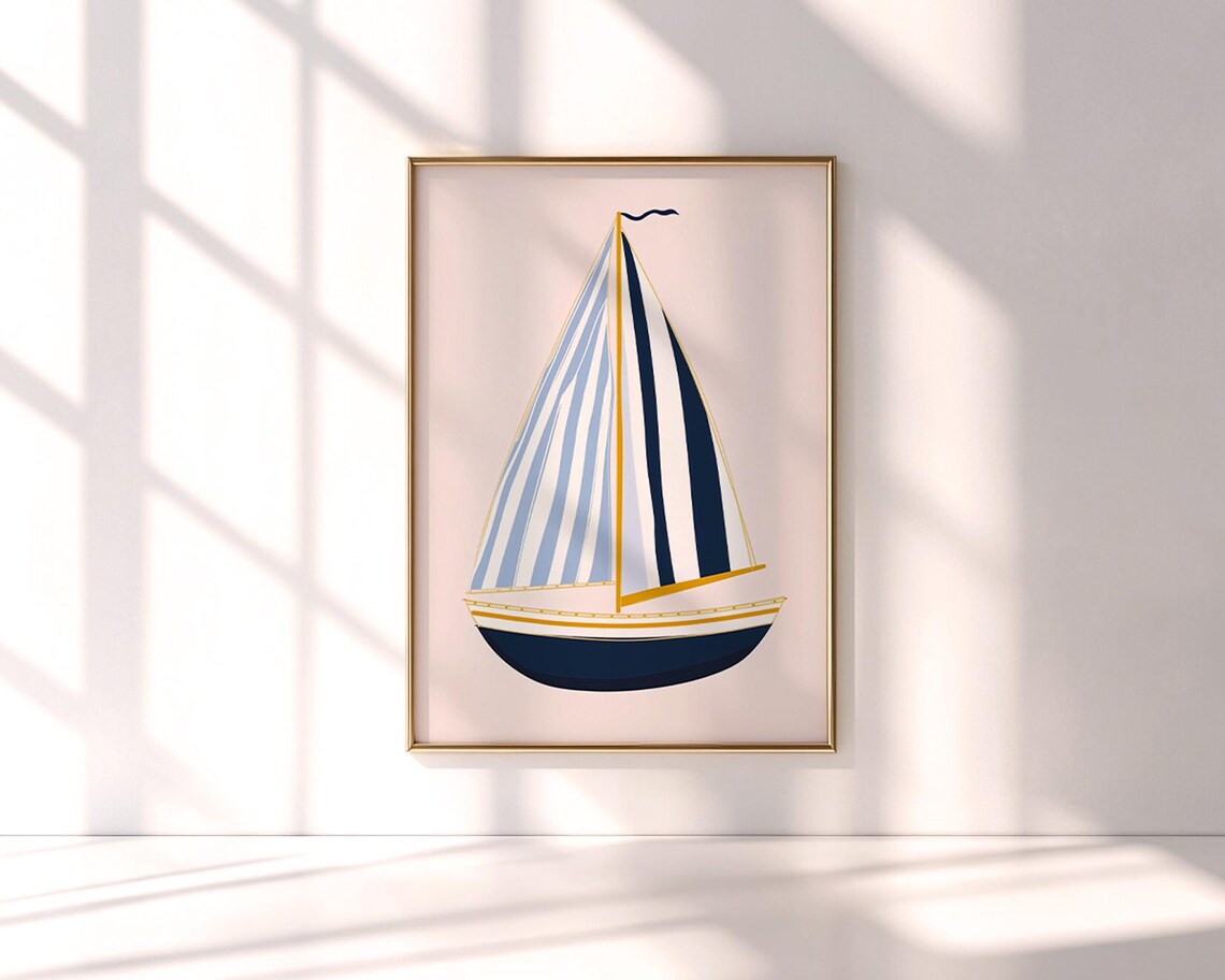 Striped Sail Sailing Boat Navy Coastal Nursery Kids Room Poster