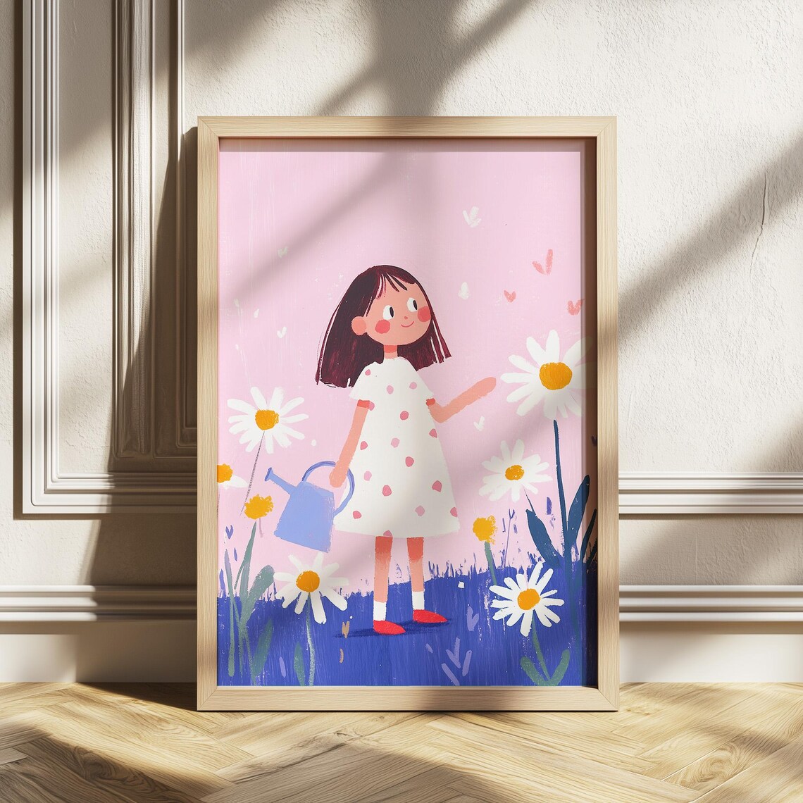 Daisy Girl with Watering Can Storybook Nursery Garden Poster
