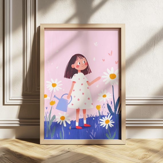 Daisy Girl Wall Art Cute Storybook Nursery Print Soft Pastel Garden Toddler Room Decor Whimsical Illustration Pink