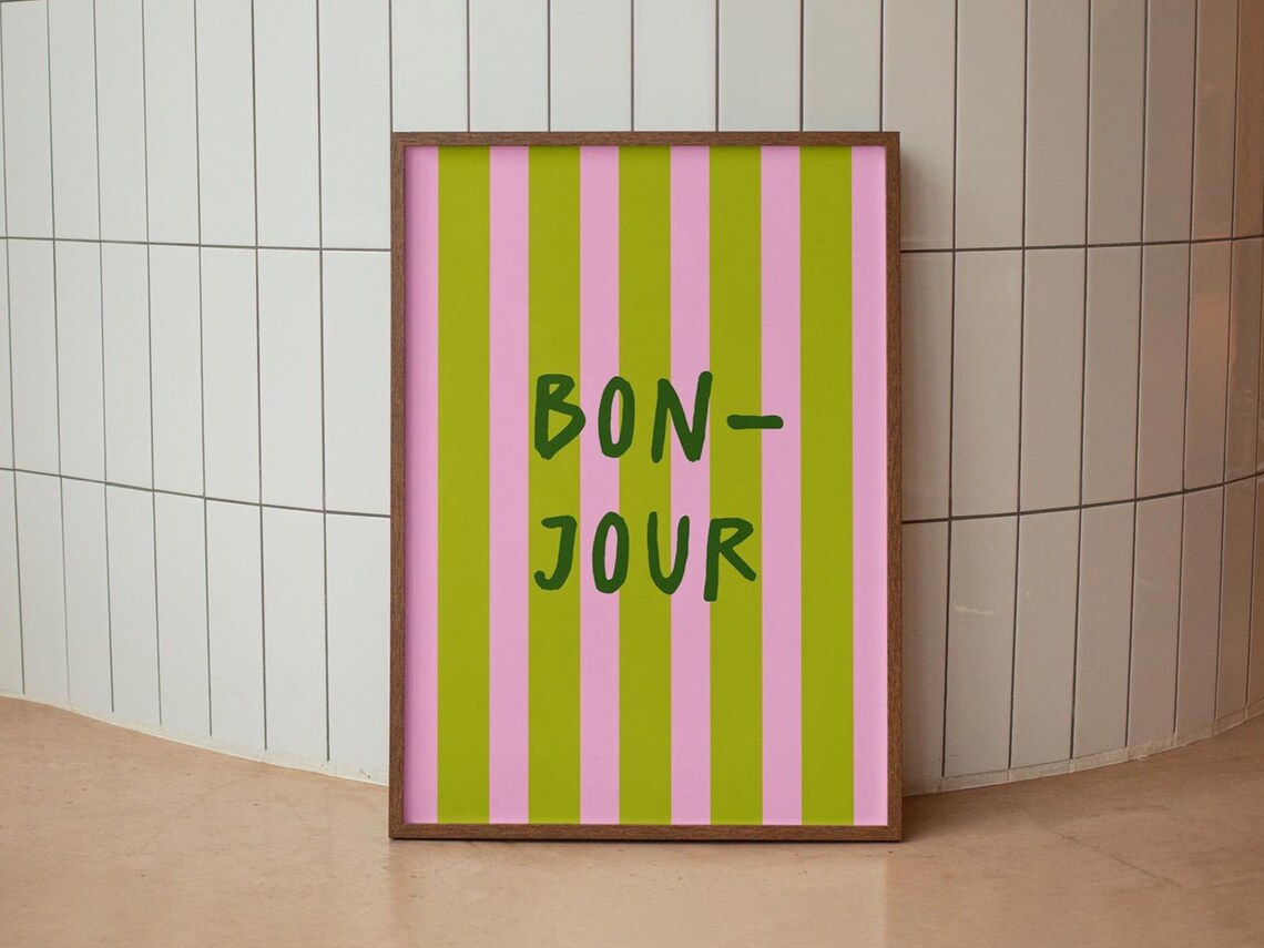 Bonjour French Typography Poster With Pink And Green Stripes