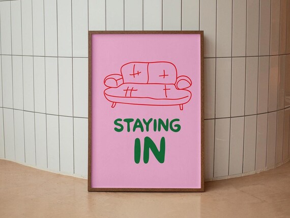 Staying In Pink Introvert Print With Couch Line Drawing And Quote