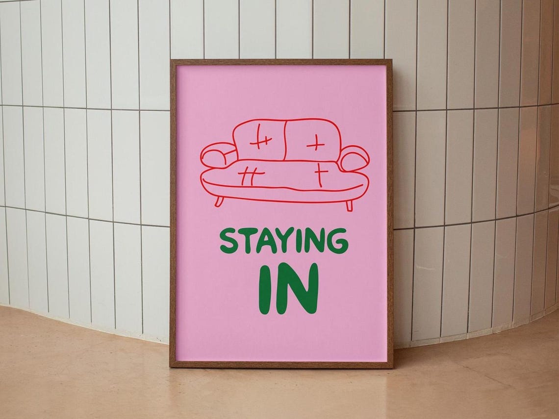 Staying In Pink Introvert Print With Couch Line Drawing And Quote