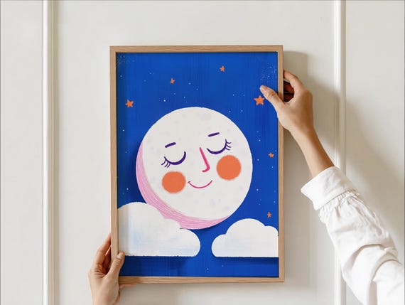 Whimsical Full Moon Nursery Print Cute Night Sky Kids Room Decor With Stars And Clouds Smiling Wall Art Bedroom Classroom