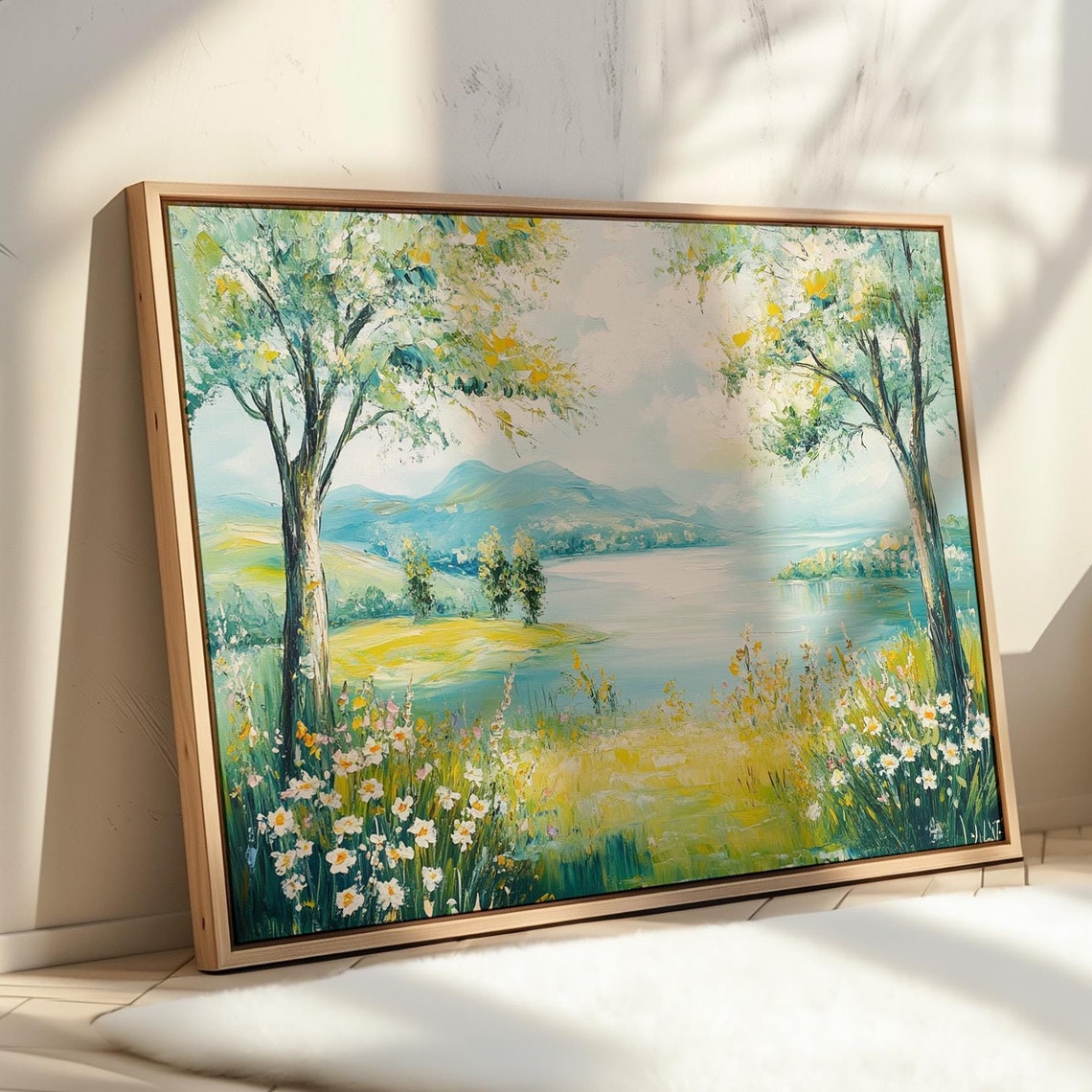 Bright Lakeside View With Wildflowers And Trees Cheerful Nature Poster