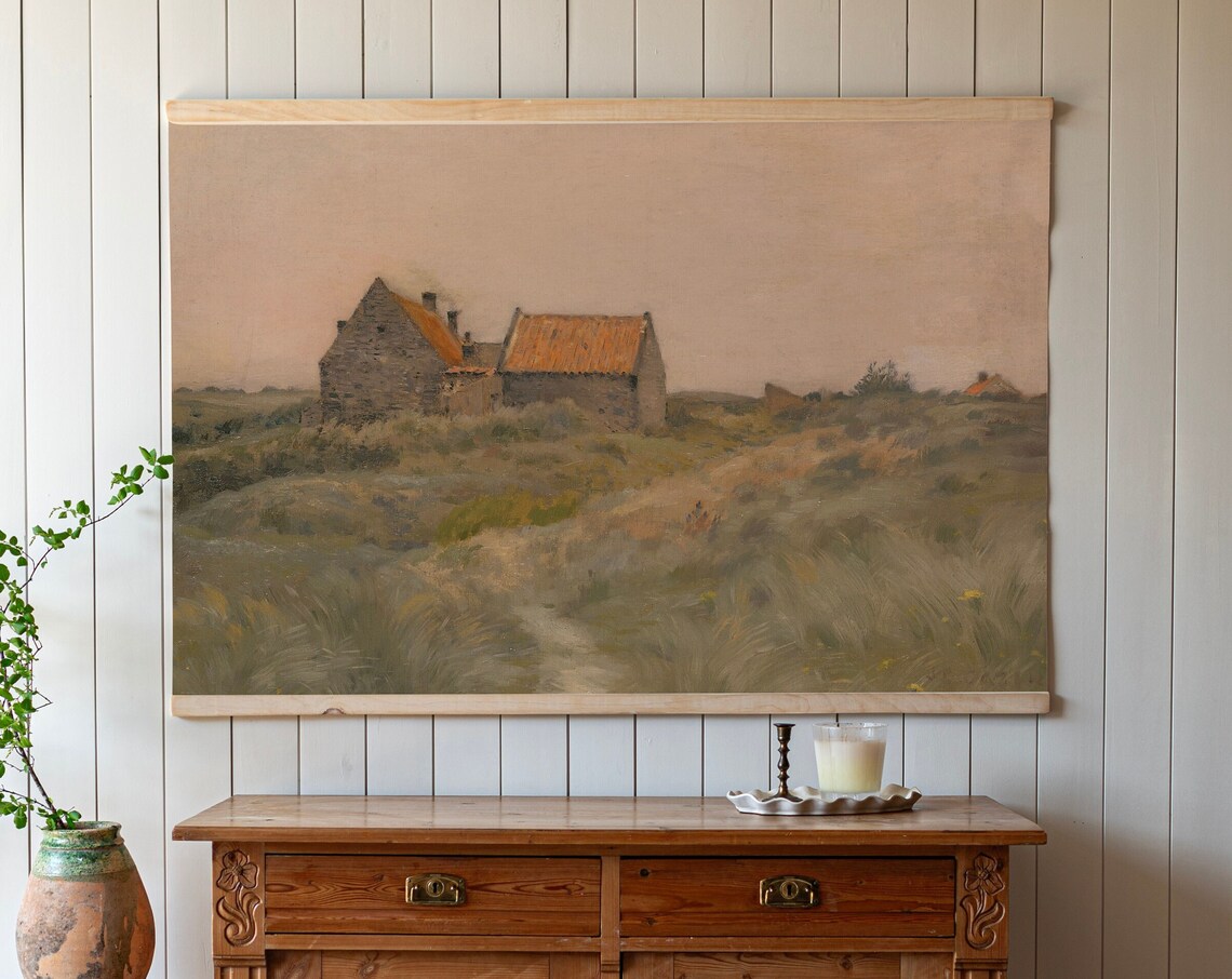 Rustic Stone Barn Countryside Field Vintage Oil Painting Poster
