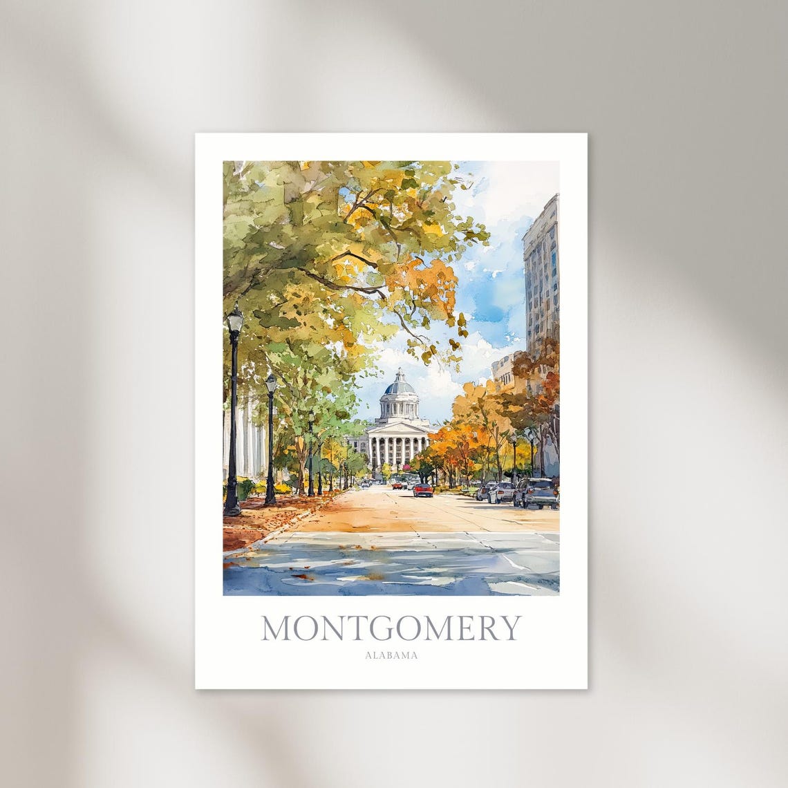 Montgomery Alabama Watercolor State Capitol Cityscape Travel Poster