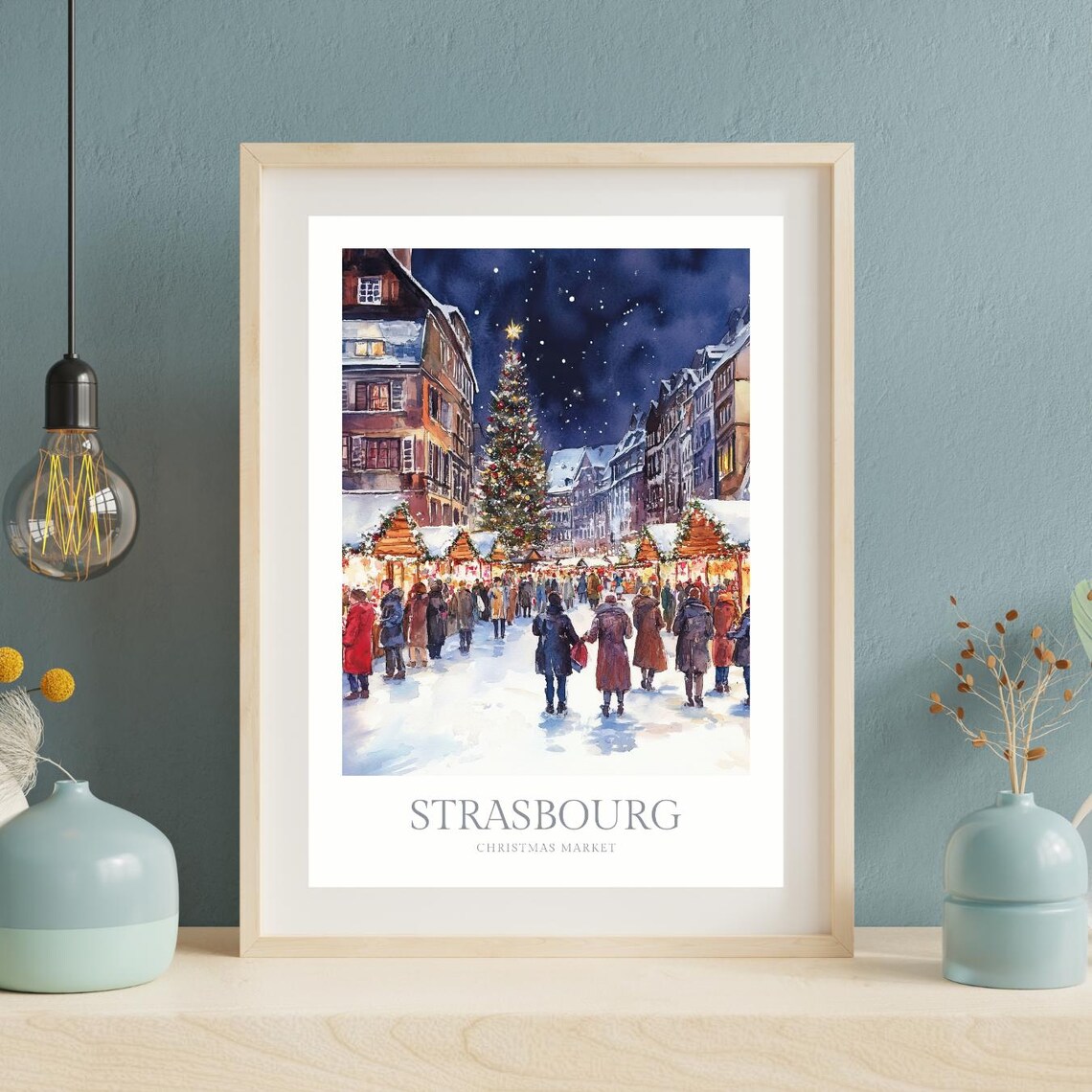 Strasbourg Christmas Market Snowy Night Tree Watercolor Wall Art - Image 2
