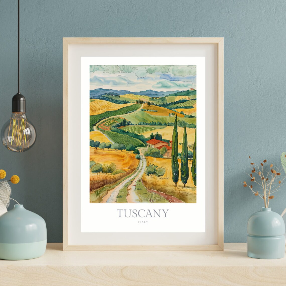 Tuscany Italy Watercolor Rolling Hills Poster Cypress Villa Scene - Image 2